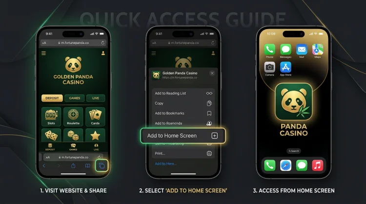 Drie iPhone-schermen: Safari met casino-site, deeli-menu met toevoegen aan beginscherm, startscherm met app-icoon.