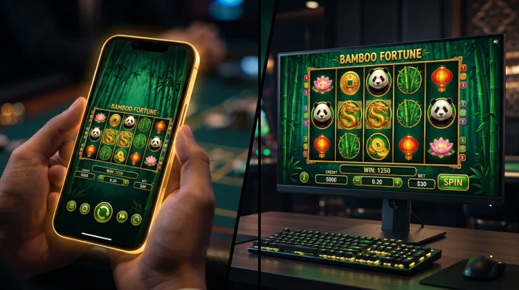 Zelfde fictieve slotspel op iPhone en desktopmonitor, donkergroen bamboe-casino-thema, vergelijking mobiel versus groot scherm.