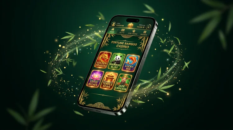 Moderne smartphone met fictieve donkergroene casino-lobby, bamboe en gouden sparkles, productmock-up.