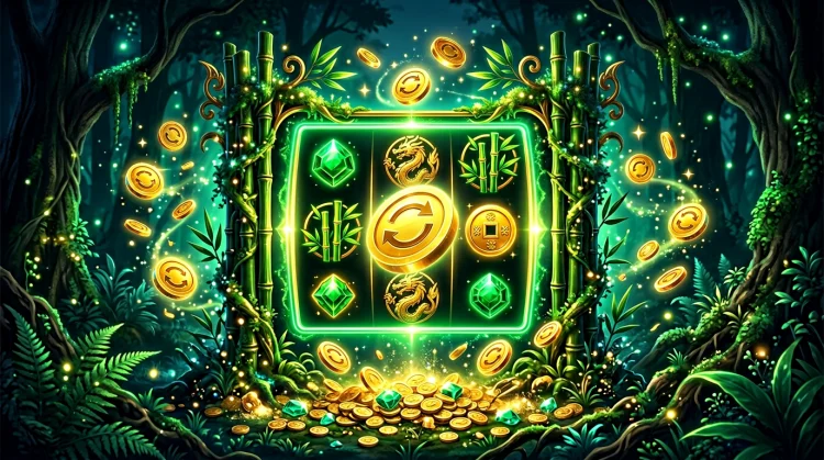 Speelautomaat met gloeiende rollen, gouden spin-fiches en bamboe aan weerszijden, free spins-thema.
