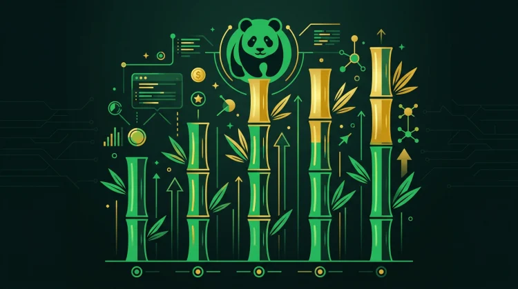 Infographic met vijf bamboe-segmenten als bonusvergelijking en silhouet van een panda bovenaan.