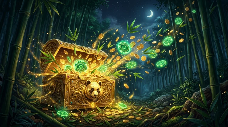 Gouden schatkist die openbarst in een bamboebos bij nacht, met munten, groene free spin-fiches en bladeren.