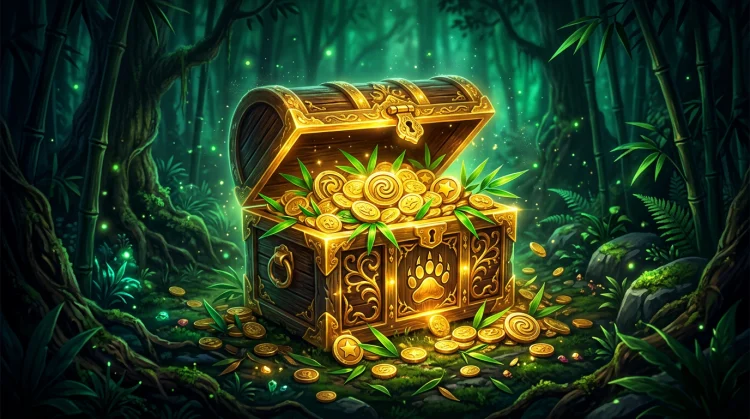 Gloeiende gouden bonuskist met munten, free spin-fiches en bamboe in een donker bos.