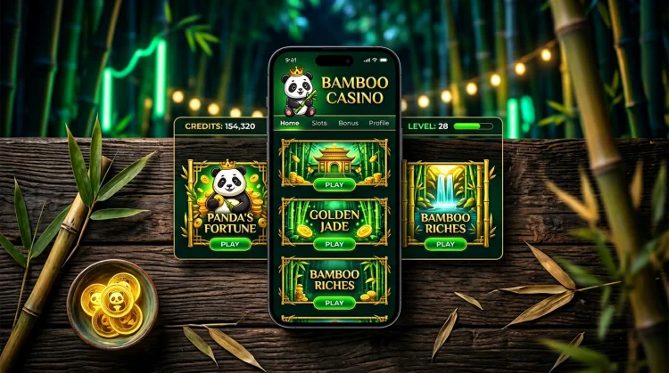 Smartphone met fictieve casino-app in donkergroen en goud, bamboe-thema en panda-mascotte op het scherm.