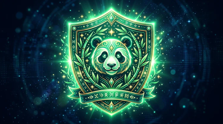 Gloeiend vertrouwenschild met pandagezicht, bamboe en gouden sterren, premium zegel-illustratie.
