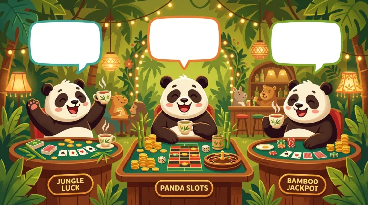 Drie vrolijke cartoonpanda's aan casinotafels met thee, bamboe en gouden munten, spelerservaringen.