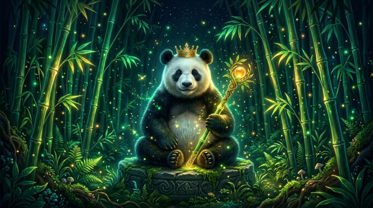Wijze reuzenpanda met gouden kroon in een gloeiend bamboebos bij nacht, illustratie in donkergroen en goud.