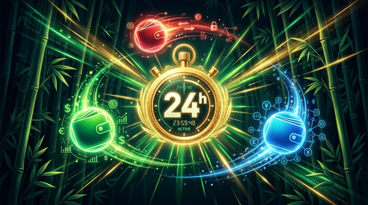 Gouden stopwatch met 24 uur-thema en gloeiende e-wallet-bollen, snelle uitbetaling illustratie.