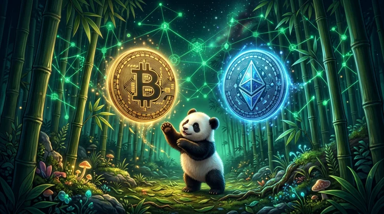 Gloeiende Bitcoin- en Ethereum-munten boven een bamboebos, panda reikt omhoog, blockchain-lijnen op de achtergrond.