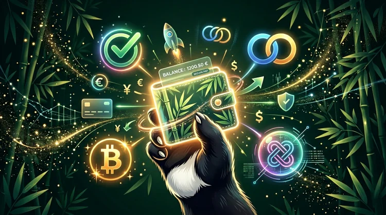 Gloeiende digitale portemonnee met bamboe-motief en pandapoot, omringd door abstracte betaal- en crypto-symbolen.