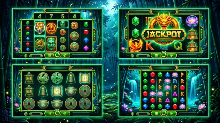 Vier gloeiende slot-schermen in een raster: megaways, jackpot, klassiek fruit en cluster pays, bamboe-achtergrond.
