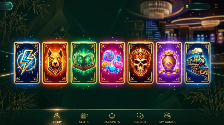 Mozaïek van zeven gloeiende spelkaarten met abstracte symbolen in gouden lijsten op donkergroene achtergrond.