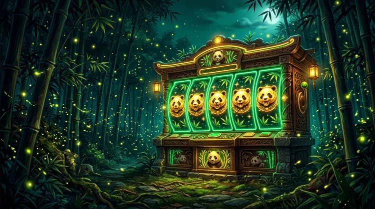 Gloeiende gokautomaat in een bamboebos bij nacht met gouden panda-symbolen op de rollen.